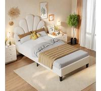 Lit rembourré, Cadre de lit Simple/Double avec tête de lit en Forme de Fleur et sommier à Lattes, pour Adolescente, Fille et Adolescente, Tissu Velours,sans Matelas (Beige, 90x200cm)