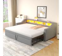 Lit rembourré canapé-lit gigogne 90/180x200cm (gris clair) : rangement, LED+USB, sommier lattes