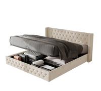 Lit rembourré Chesterfield en velours beige avec coffre hydraulique, 160×200 cm