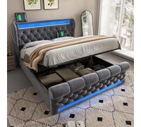 Lit rembourré double 140 x 200 cm, lit rembourré avec éclairage LED, tête de lit avec espace de rangement et prises USB et Type-C, lit avec espace de rangement (sans matelas)