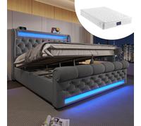 Lit rembourré double 140 x 200 cm, lit rembourré avec éclairage LED, tête de lit avec espace de rangement et prises USB et Type-C, lit avec espace de rangement (matelas inclus)