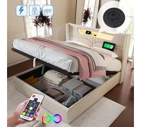 Lit rembourré double à LED avec fonction de recharge USB Type-C et éclairage LED, lit pour adolescent 140 x 200 cm avec sommier à lattes (matelas non inclus)