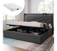 Lit rembourré double avec coffre de rangement et fonction de recharge USB Type-C, tête de lit, lit pour adolescent 160 x 200 cm avec sommier à lattes (matelas inclus)