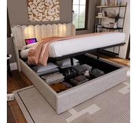 Lit rembourré double avec lampe de lecture et tiroir, tête de lit avec rangement, sommier, revêtement en lin, lit pour adolescent 140 x 200 cm avec sommier à lattes (sans matelas)