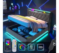 Lit rembourré double, fonction LED 360°,par bouton-poussoir/application/télécommande, 140 × 200 cm, tissu lin gris Lit à sommier hydraulique (sans matelas)