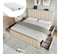 Lit rembourré Double tête de lit rembourrée avec bandes décoratives dorées et ,fonction de chargement USB Type-C 160*200 cm, Beige Matériau lin avec 4 tiroirs