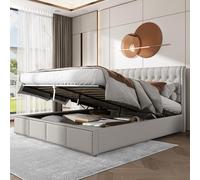 Lit rembourré en coton et lin, avec levier hydraulique, coffres de rangement, finitions rivetées, 180 x 200 cm, sans matelas, gris clair
