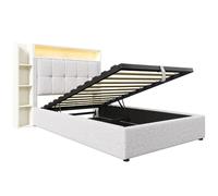 Lit rembourré en lin avec rangement et LED 90x200 cm, Beige