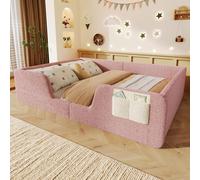 Lit rembourré Flieks 140 x 190 cm avec sommier à lattes, lit d'enfant avec barrières de sécurité, canapé-lit avec accoudoirs et dossier amovibles, lit au sol en velours, rose