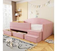 Lit rembourré Flieks 90 x 190 cm avec 2 tiroirs, lit enfant canapé-lit avec escalier, lit mezzanine enfant avec barrière de sécurité, velours, rose