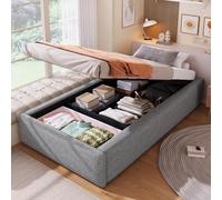 Lit rembourré Flieks 90 x 200 cm avec tiroir, lit simple avec rangement, lit pour adolescent sans tête de lit, lit à sommier à lattes hydraulique, lin, gris
