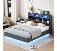 Lit rembourré Fortuna Lai 140x200 cm avec prise USB et éclairage LED, tête de lit réversible, pied de lit dissimulé, lit double plat, lit pour adolescent, lit pour adulte, tissu en lin gris