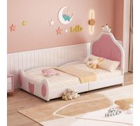 Lit rembourré Fortuna Lai pour enfant, 90*200 cm, tête de lit avec moulure, motif enfantin à la tête et au pied du lit, design patchwork bicolore, tissu en similicuir, blanc