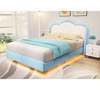 Lit rembourré HOMAVO 140 x 200 cm pour enfant, lit simple avec éclairage LED, lit rembourré en velours avec motif nuages, lit suspendu