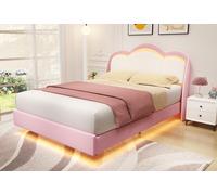 Lit rembourré HOMAVO 140 x 200 cm pour enfant, lit simple avec éclairage LED, lit rembourré en velours avec motif nuages, lit suspendu