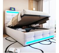 Lit rembourré hydraulique 90x200 cm beige avec rangement, LED RVB et 2 ports USB