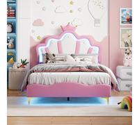 Lit rembourré INONEFT 140x190 cm pour filles, lit pour enfant avec cadre et sommier à lattes, tête de lit réglable de style "couronne", lit princesse, lit double, rose