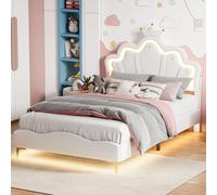 Lit rembourré INONEFT 140x190 cm pour filles, lit pour enfant avec cadre et sommier à lattes, tête de lit réglable en forme de couronne, lit princesse, lit double, blanc
