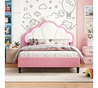 Lit rembourré INONEFT 140x190 cm pour filles, lit pour enfant avec structure réglable et sommier à lattes, lit princesse, lit double, rose, velours