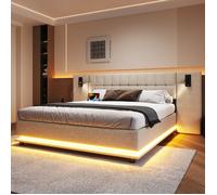 Lit rembourré LED - 180x200 cm - Lin écologique - Bande LED multicolore - Tête de lit avec spot - Port USB intégré