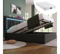 Lit rembourré LED double avec fonction de recharge USB Type-C, lit avec rangement, sommier en lin, lit pour adolescent 140 x 200 cm avec sommier à lattes (matelas inclus)