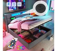Lit rembourré LED double avec fonction de recharge USB Type-C, lit avec rangement, sommier en lin, lit pour adolescent 160 x 200 cm avec sommier à lattes (sans matelas)