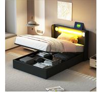 Lit rembourré Lit d'enfants 90x200 Lit avec barre de lumière LED, lecteur Bluetooth et charge USB, lit de stockage
