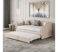 Lit rembourré, lit enfant 90x200, canapé-lit extensible, beige, tissu lin résistant, lit junior, lit enfant, lit d'appoint