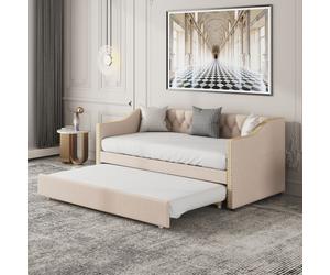 Lit rembourré, lit enfant 90x200, canapé-lit extensible, beige, tissu lin résistant, lit junior, lit enfant, lit d'appoint