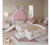 Lit rembourré, lit simple Avec petit escalier et toboggan pour enfants, tête de lit avec oreilles de lapin, lit pour enfants avec