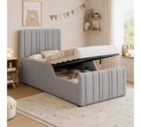 Lit rembourré, lit simple, lit pour enfants 90 x 200 cm avec coffre de rangement à ouverture hydraulique, sommier à lattes, tête de lit rembourrée, lin, gris