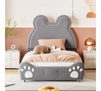 Lit rembourré. Magnifique lit enfant 90 x 200 cm, en forme d'ours. Lit simple en velours doux pour la peau, gris.