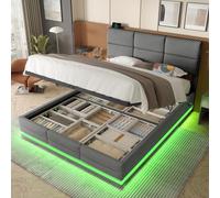 Lit rembourré moderne en velours, 140 x 200 cm, avec tête de lit réglable en hauteur - Avec ports USB et Type-C, éclairage d'ambiance LED (matelas non inclus)