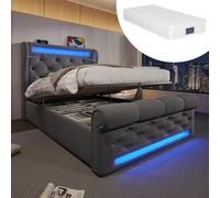 Lit rembourré moderne simple 90 x 200 cm, lit rembourré avec éclairage LED, tête de lit avec espace de rangement et ports USB et Type-C (matelas inclus)