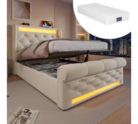 Lit rembourré moderne simple 90 x 200 cm, lit rembourré avec éclairage LED, tête de lit avec espace de rangement et ports USB et Type-C (matelas inclus)