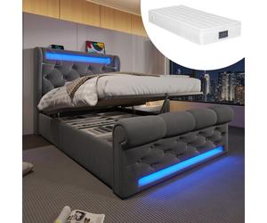 Lit rembourré moderne simple 90 x 200 cm, lit rembourré avec éclairage LED, tête de lit avec espace de rangement et ports USB et Type-C (matelas inclus)