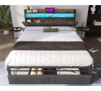 Lit rembourré - MODERNLUXE - 160x200cm - LED - 2 tiroirs - Métal gris