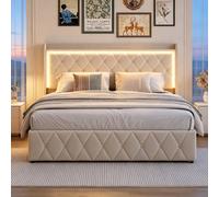 Lit rembourré pour lit double 160 x 200 cm, lit coffre double | LED et recharge USB, stockage hydraulique, sommier à lattes en bois, structure en acier, sans matelas, blanc velours
