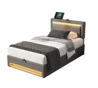 Lit rembourré PU 90×190 cm avec USB, éclairage LED et espace de rangement, gris