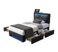 Lit rembourré PU noir 90×190 cm avec LED, ports USB et 4 tiroirs
