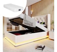 Lit rembourré simple 90 x 200 cm, en coton beige, avec rangement hydraulique, tête de lit rembourrée et prise USB Type-C (matelas inclus)