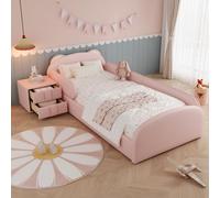 Lit rembourré simple 90 x 200 cm, lit d'enfant rose en forme d'ours, tête de lit avec table de chevet assortie, velours, bordure anti-chocs en mousse, sans matelas