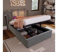 Lit rembourré simple avec lampe de lecture et tiroir de rangement, tête de lit avec espace de rangement, sommier en velours, lit pour adolescent 90 x 200 cm avec sommier à lattes, gris (sans matelas)