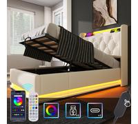 Lit rembourré simple, fonction LED 360°,par bouton-poussoir/application/télécommande, 90 × 200 cm, revêtement enPolyuréthaneblanc, lit à sommier hydraulique (sans matelas)