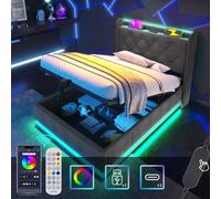 Lit rembourré simple, fonction LED 360°,par bouton-poussoir/application/télécommande, 90 × 200 cm, tissu lin gris, lit à sommier hydraulique (sans matelas)
