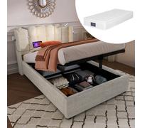 Lit rembourré simple, lampe de lecture avec fonction de recharge, tête de lit avec rangement, sommier, tissu en lin, lit pour adolescent 90 x 200 cm avec sommier à lattes (matelas inclus)