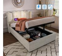 Lit rembourré simple, lampe de lecture avec fonction de recharge, tête de lit avec rangement, sommier, tissu en lin, lit pour adolescent 90 x 200 cm avec sommier à lattes (sans matelas)
