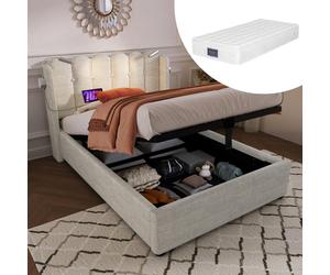 Lit rembourré simple, lampe de lecture avec fonction de recharge, tête de lit avec rangement, sommier, tissu en lin, lit pour adolescent 90 x 200 cm avec sommier à lattes (matelas inclus)