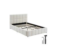 Lit rembourré - TECTAKE - shirley, tissu teddy doux à motif oursons, sommier intégré, base bois et acier, 133 x 220 x 93 cm - crème