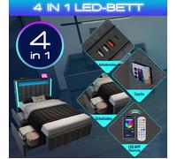 Lit rembourré USB type C fonction rechargeable Éclairage LED et 2 tiroirs, lit Junior 90x200cm lit simple rangement